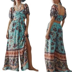 Free People Women’s Bali Citrus Skies Paisley Smocked Jumpsuit Blue XS
